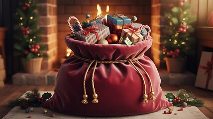 Fototapeta premium Festive Christmas Gift Sack Overflowing Presents Holiday Cheer Fireplace Setting Photo