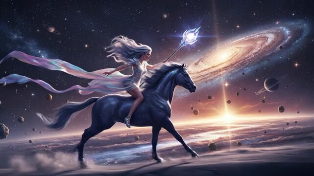 A celestial goddess riding a magical horse through the cosmos. Fantasy woman with a glowing staff exploring a distant galaxy. Epic space adventure animation