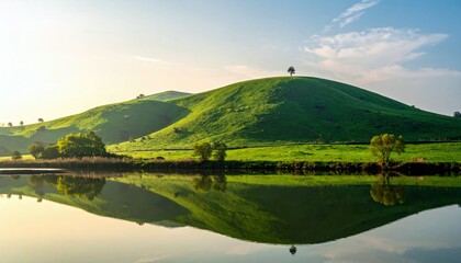 Rolling green hills with scattered trees are perfectly reflected in the still water of a lake under a bright, partly cloudy sky.