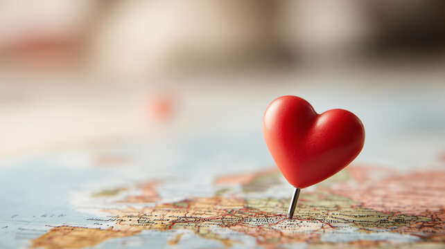 Heart shaped map pin marking a location on a travel map representing favorite destination, emotional attachment and love for a special place.
