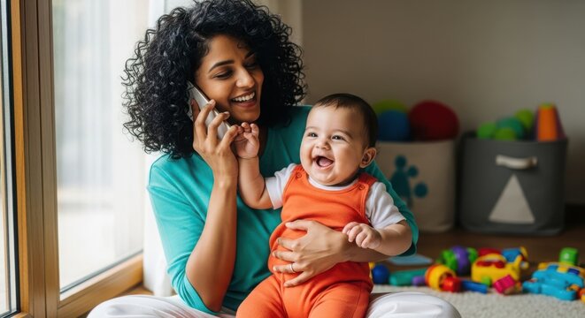 Happy indian mother working from home, balancing career and family life, talking on phone while holding her adorable baby with love and care - Powered by Adobe