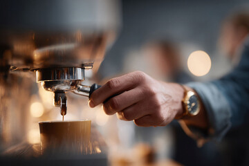 Craft coffee preparation closeup of barista pulling espresso shot. Focus on detail, skill  rich texture. Use for cafe, lifestyle  business marketing.