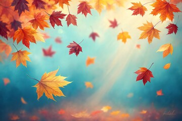 Autumn leaves gracefully descend against a soft, ethereal sky, bathed in warm, diffused sunlight.