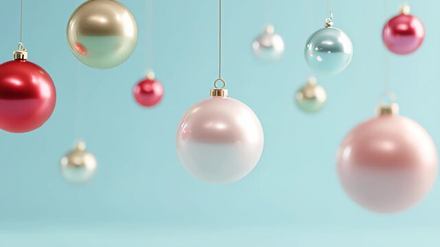 Christmas ornaments levitating in airy pastel background, clean minimal surreal festive style