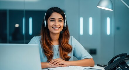 A smiling indian woman is working as a customer service representative, wearing a headset and using a laptop in a modern office