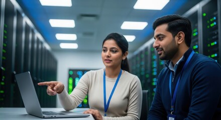 Two indian it engineers are working on a laptop in a server room, discussing data and network security in a modern data center