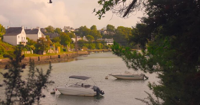 Pleasure Motor Boats Near Le Bono In The Morbihan Department Of Brittany, France. Wide Shot