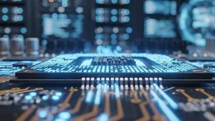 Closeup of a computer motherboard with glowing blue chip and circuits