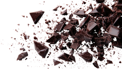 Dark chocolate chunks and shavings, scattered across a black background