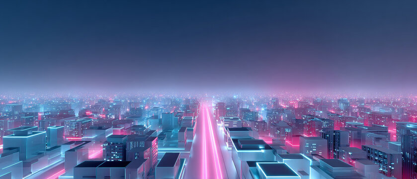 A futuristic cityscape at night, viewed from a high angle. The composition is flat lay, which means it's taken from directly above the scene.