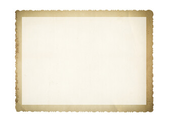 Vintage scalloped edge photo paper frame on transparent background. Aged and yellowed retro photo.	