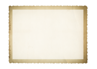 Vintage scalloped edge photo paper frame on transparent background. Aged and yellowed retro photo.	