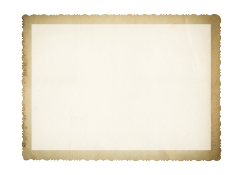 Vintage scalloped edge photo paper frame on transparent background. Aged and yellowed retro photo.	