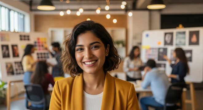 Portrait of a smiling indian businesswoman in a modern office with colleagues collaborating on a project in the background, exuding confidence