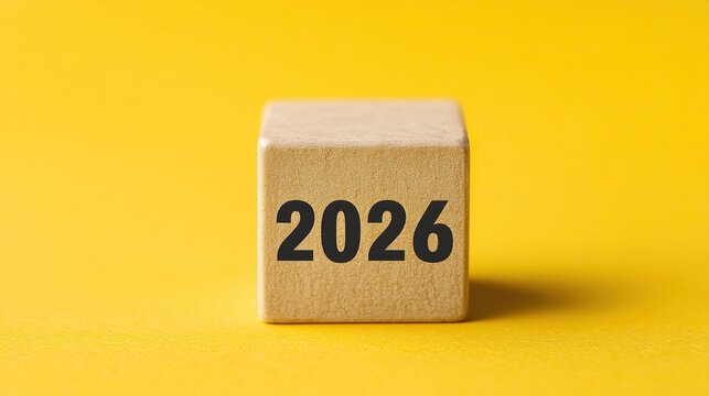 Flat lay style block with "2026" word isolated on yellow background, simple bold typography ideal for new year designs, event materials, promotional assets and festive graphic templates.