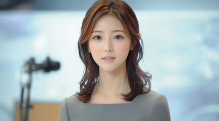 Portrait of a professional announcer woman standing in a studio environment, looking confidently at the camera. Suitable for themes such as business, media, presentation, broadcasting, communication.