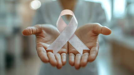Hands holding a white ribbon in a loop, symbol of lung cancer, lung cancer awareness month, disease, treatment, hospital, oncology