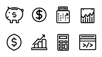 Financial and Business Outline Icons Set. Money, Savings, Investment, Banking, Growth, Accounting, and Online Payment Symbols
