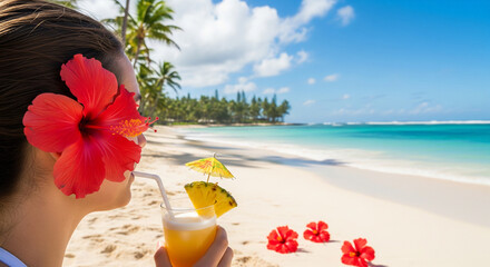 woman with cocktail on the beach