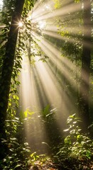 Obraz premium Sunlight filtering through lush green forest trees creating beautiful light rays.