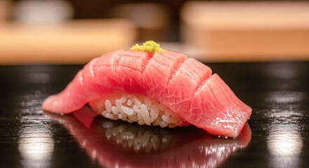 Detailed view of a single piece of otoro sushi, showcasing marbled fatty tuna topped with wasabi on a glossy black surface.
