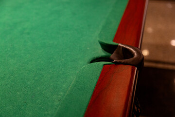 Close-up view of pool table with green felt