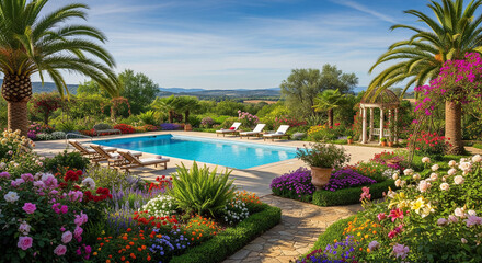 tropical resort with palm trees and pool