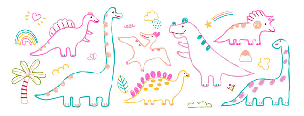 Bright outline dinosaur set in a playful doodle style. Cute dinosaurs with volcano trees stars and rainbow on a dark background. Fun prehistoric creatures ideal for childrens art and design projects. © Liusia Voloshka
