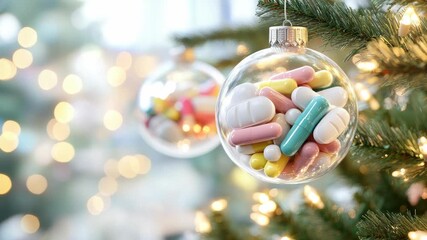 Transparent Christmas bauble filled with colorful pills and capsules hanging on a festive tree, symbolizing healthcare, medication and wellness during the holiday season with bokeh lights - Powered by Adobe