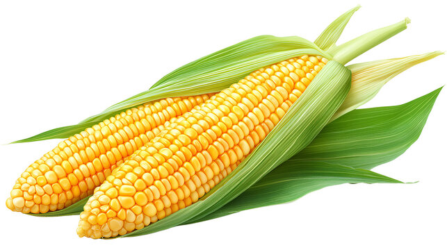 Two fresh corn cobs partially husked with vibrant green leaves on a transparent backdrop
