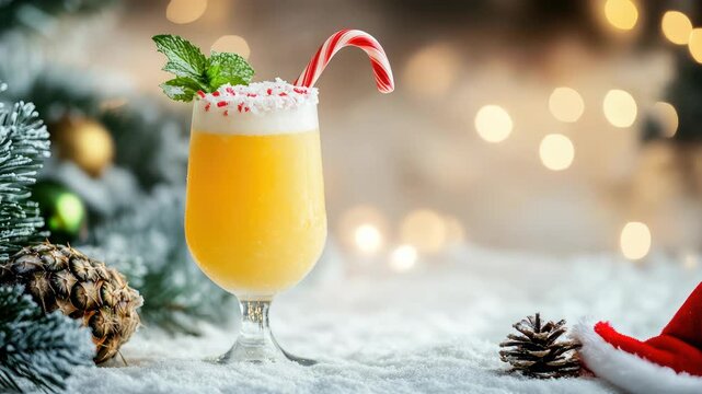 Tasty yellow festive drink placed in the snow, topped with a candy cane and mint leaves, accompanied by merry Christmas ornaments and twinkling bokeh lights in the distance - Powered by Adobe