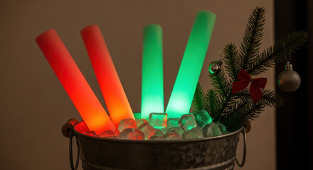 Four LED foam sticks in red and green placed in metal bucket with ice. Christmas tree branch with ornaments leans against the bucket. Glowing LED Foam Sticks in Ice Bucket, Festive Party Decor