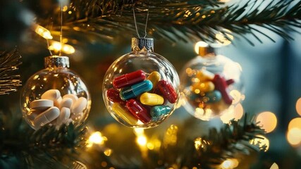 Clear Christmas ornaments filled with colorful pills and capsules hang on a lit fir branch, blending festive decor with medication and healthcare themes for the holiday season - Powered by Adobe
