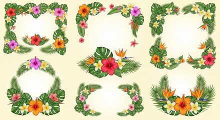 set of flowers and leaves