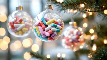 Clear Christmas ornaments filled with colorful pills and capsules hang on a lit fir branch, blending festive decor with medication and healthcare themes for the holiday season - Powered by Adobe