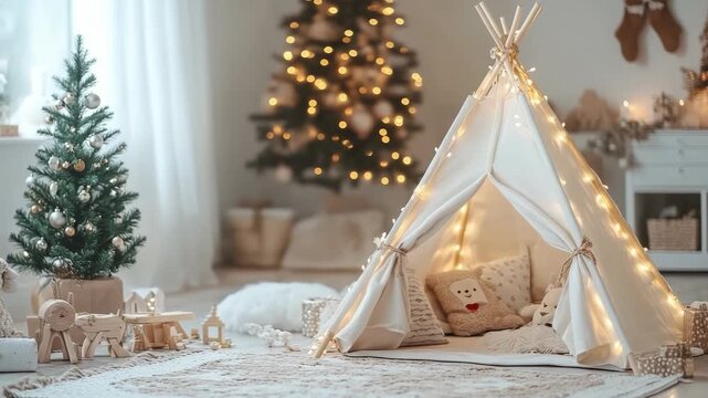 Children's bedroom dressed for Christmas with a cozy teepee lit by twinkling fairy lights, surrounded by stuffed animals, small holiday trees and warm, hygge decor