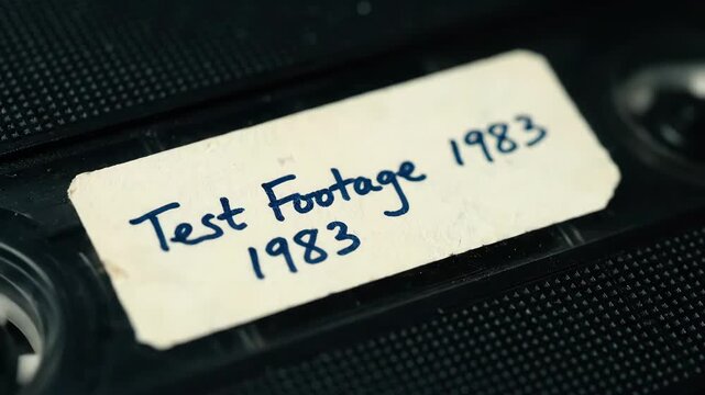 Close up of a vintage black video cassette with a handwritten label reading "Test Footage 1983"" for conspiracy theory concept footage."