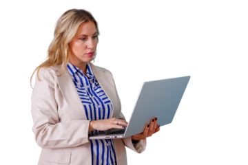 Businesswoman standing, concentrating on laptop screen, working remotely, managing online tasks, transparent background