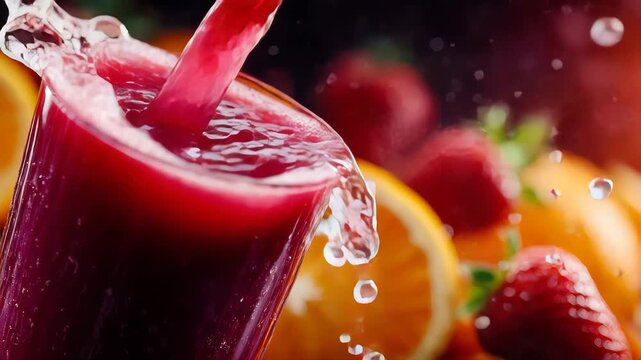 Vibrant red fruit juice being poured into a glass with splashing droplets