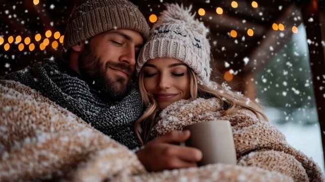 Happy couple hugging outdoors on a cozy winter evening, wrapped in warm blankets, enjoying hot drink under snowfall. Romantic moment symbolizing love and Valentine’s Day warmth