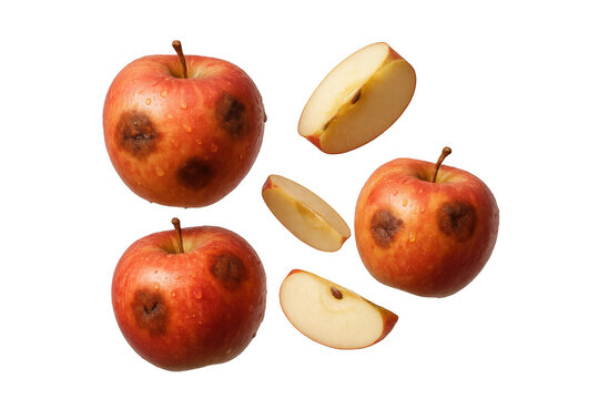 Unhealthy, bruised red apples with water drops and sliced pieces, symbolizing food waste and imperfect fruit - Powered by Adobe