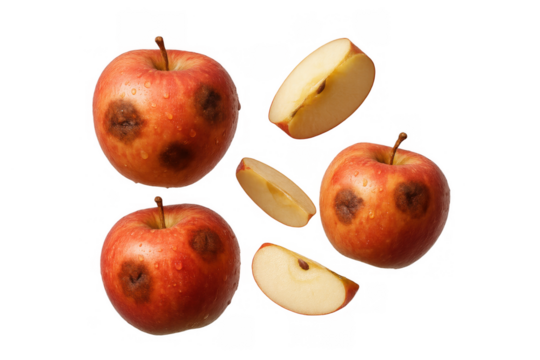 Unhealthy, bruised red apples with water drops and sliced pieces, symbolizing food waste and imperfect fruit
