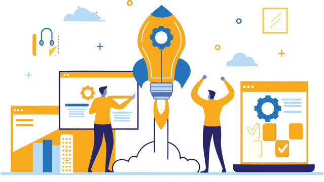 Flat design illustration of diverse entrepreneurs collaborating to lift a glowing lightbulb symbolizing innovation teamwork and bright ideas