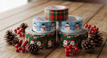 Three rolls of different Christmas packing tape stacked pyramid style on rustic table.  Christmas themed branded packaging tape, festive pinecones, berries