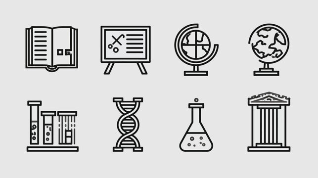 Vector line icons set for education, science, and academic subjects, including books, globes, chemistry, and history symbols.
