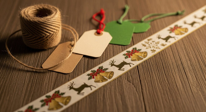 strip of decorative Christmas tape stretched across pine wood surface. Small gift tags and twine coil placed nearby.  Christmas themed branded packaging tape, rustic tags, festive decor.  - Powered by Adobe