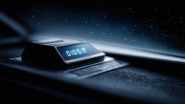 Futuristic display against a starlit backdrop. Cool blue tones evoke innovation and technology. Ideal for concepts of time, space, or digital progress. - Powered by Adobe