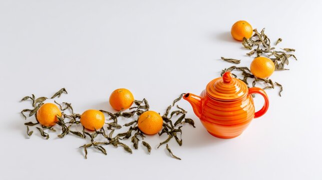 A teapot sits on a table with a bunch of oranges and some leaves. Concept of warmth and comfort