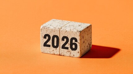 Flat lay style block with "2026" word isolated on yellow background, simple bold typography ideal for new year designs, event materials, promotional assets and festive graphic templates.