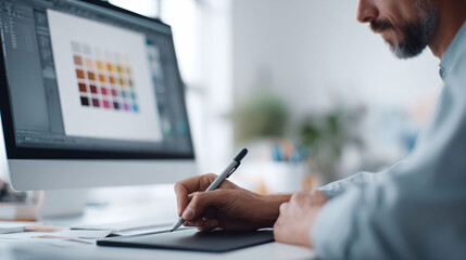 Creative professional working on a design project using a graphics tablet and computer. Concept for design, art, creativity, and digital media.